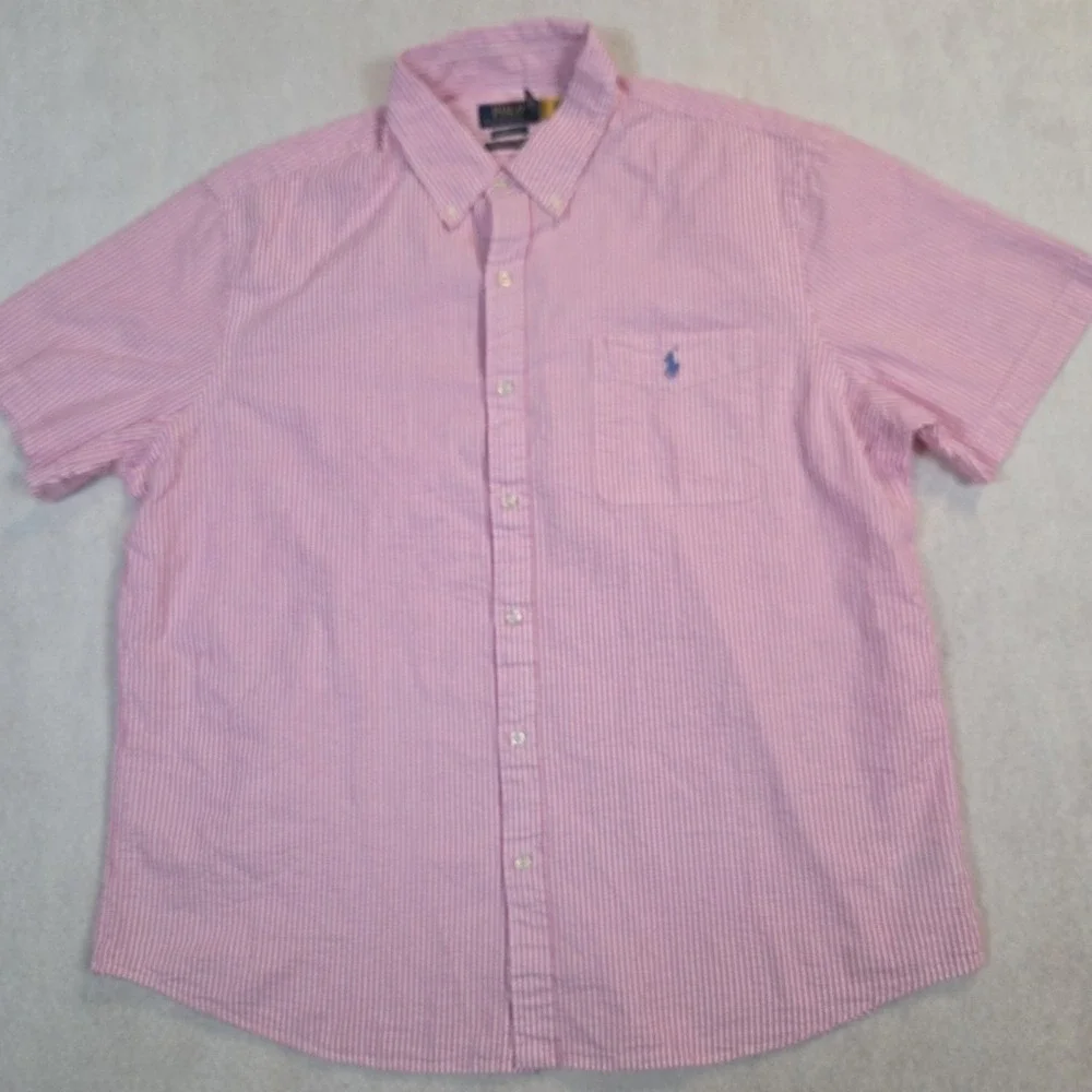 Ralph Lauren Polo Button Up XL Pink Short Sleeve Seersucker Untucked Fit Pony